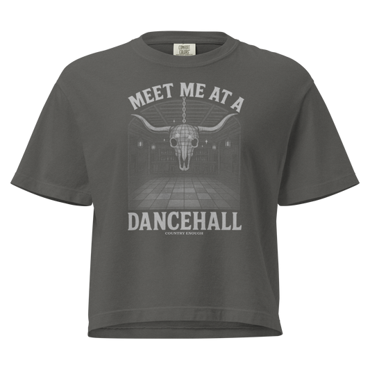 Gray t-shirt with graphic of a bar scene, bull skull shaped disco ball, and the words meet me at a dancehall #gray