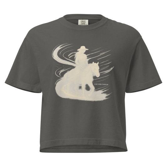 Gray t-shirt with graphic of cowgirl riding horse with visual wind present #gray