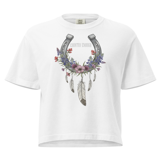 White crop top with horseshoe, feathers, flower, and country enough text graphic #white