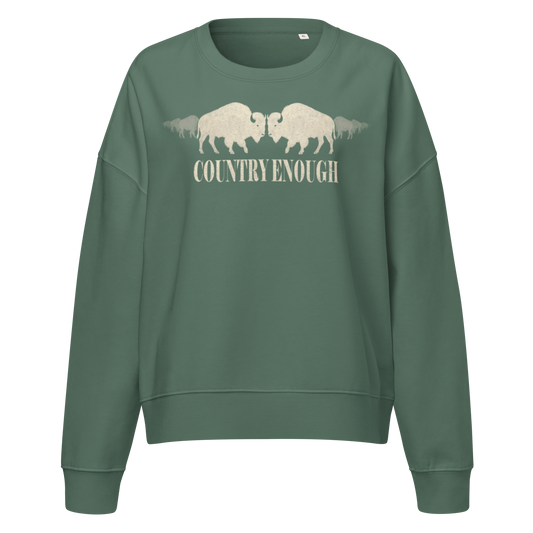 Sage sweatshirt with graphic of mirrored bison and words country enough #sage