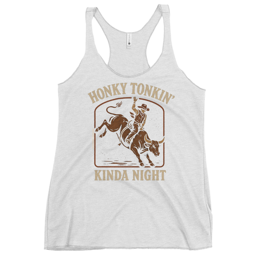 White Tank Top with graphic of bull rider and the words honky tonkin' kinda night #white