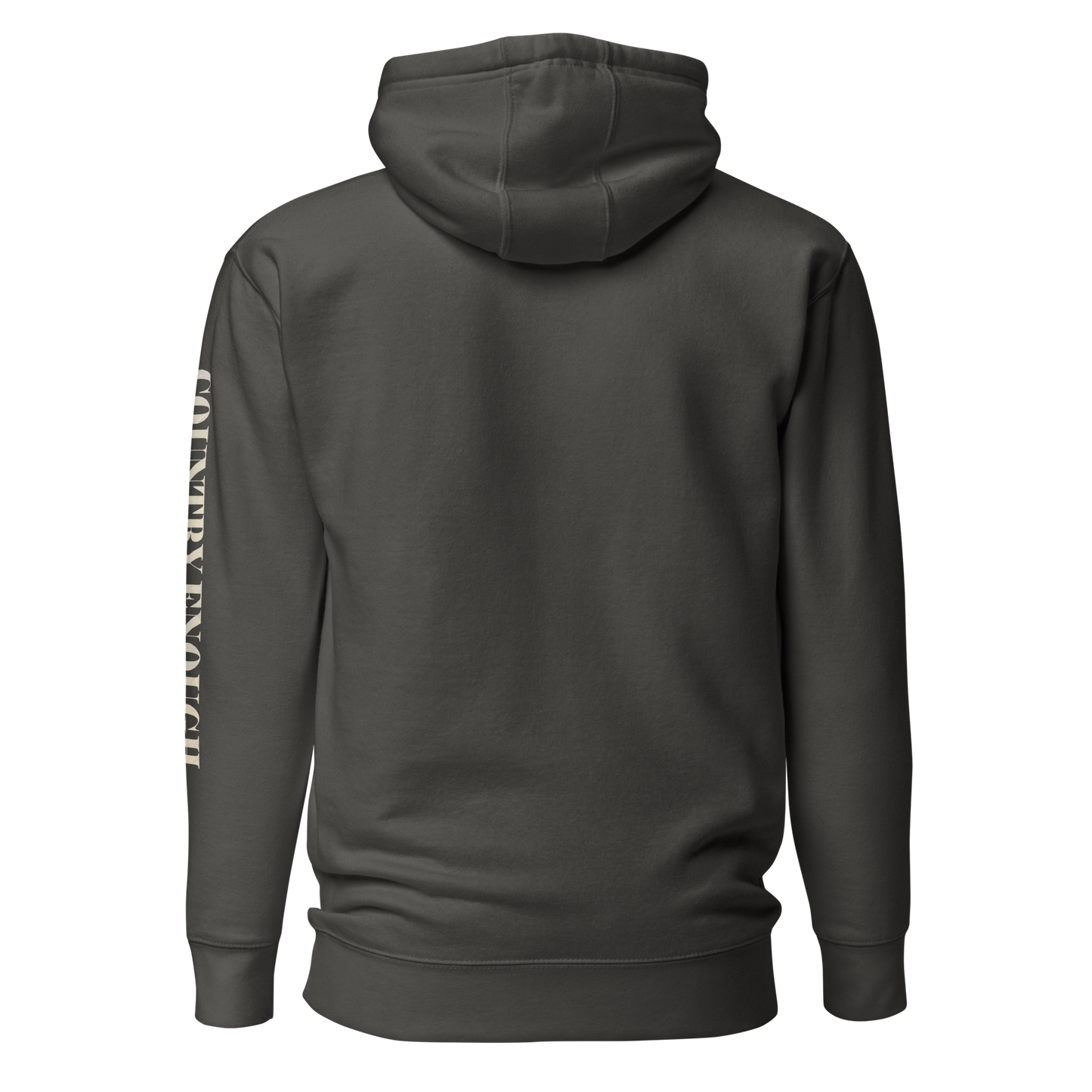 Vintage Black hoodie with graphic of a cowgirl silhouette in a light pink color with words country enough #vintageblack