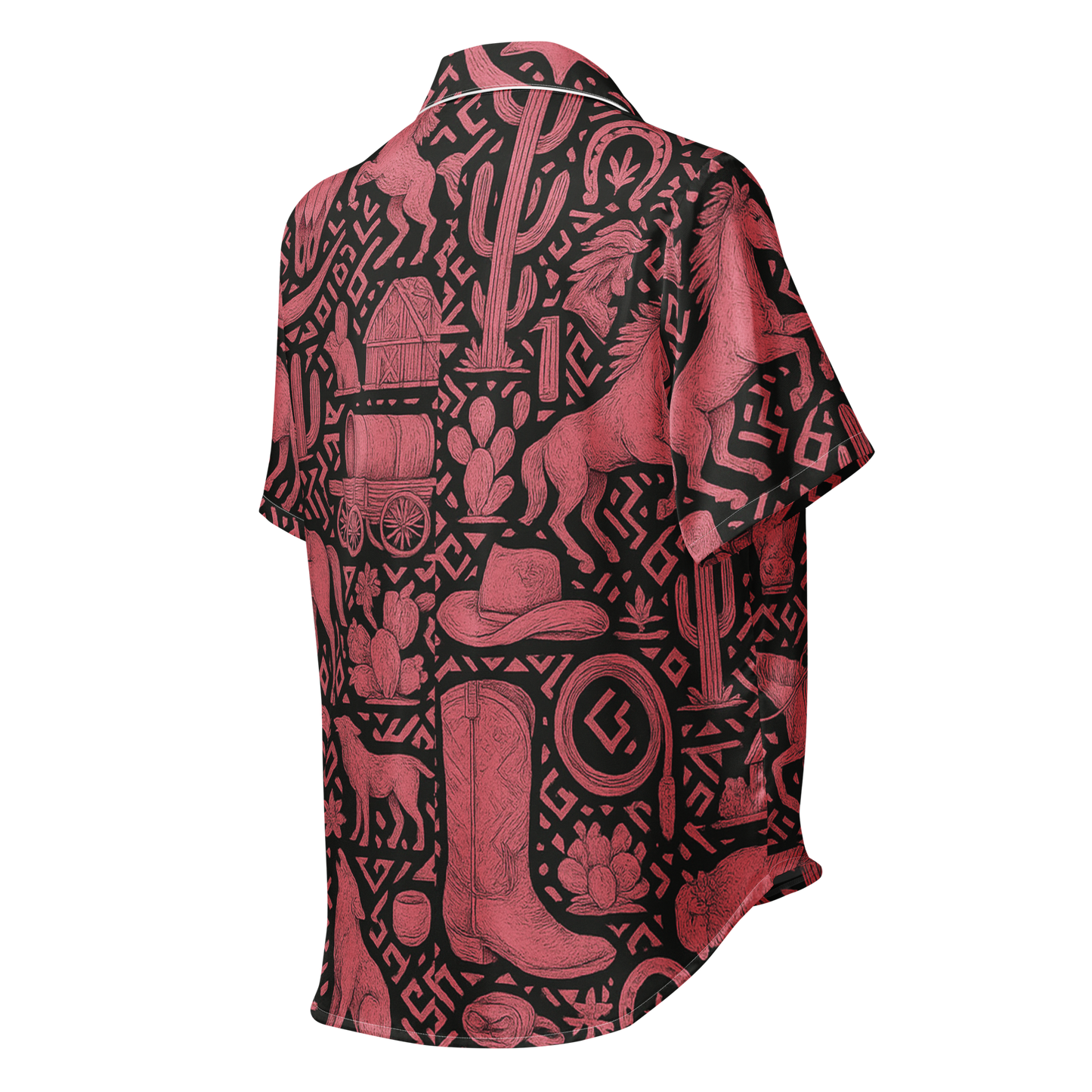 White line pajama top with pink and black all over print western graphic containing horses, cactus, horseshoes, coyotes, and more #white