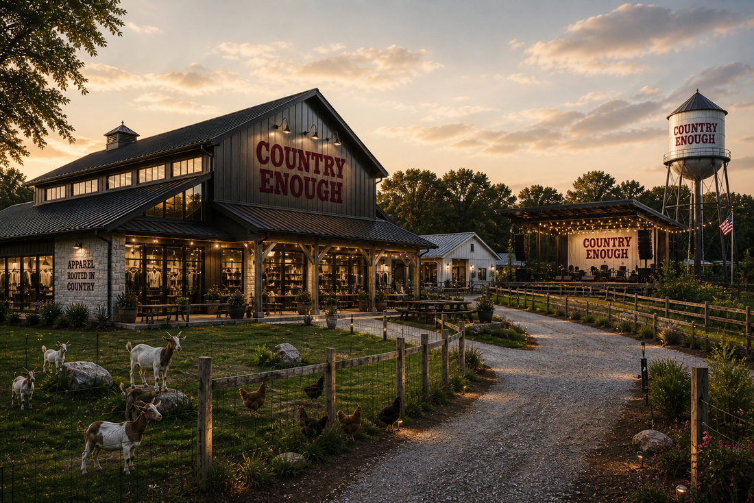 Country Enough store, outdoor stage, and water tower at sunset, with goats and chickens in the foreground.