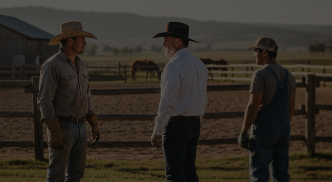 Three cowboys in hats and work clothes talk on a ranch with horses and mountains in the background.