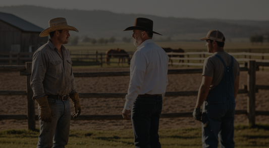 Three cowboys in hats and work clothes talk on a ranch with horses and mountains in the background.
