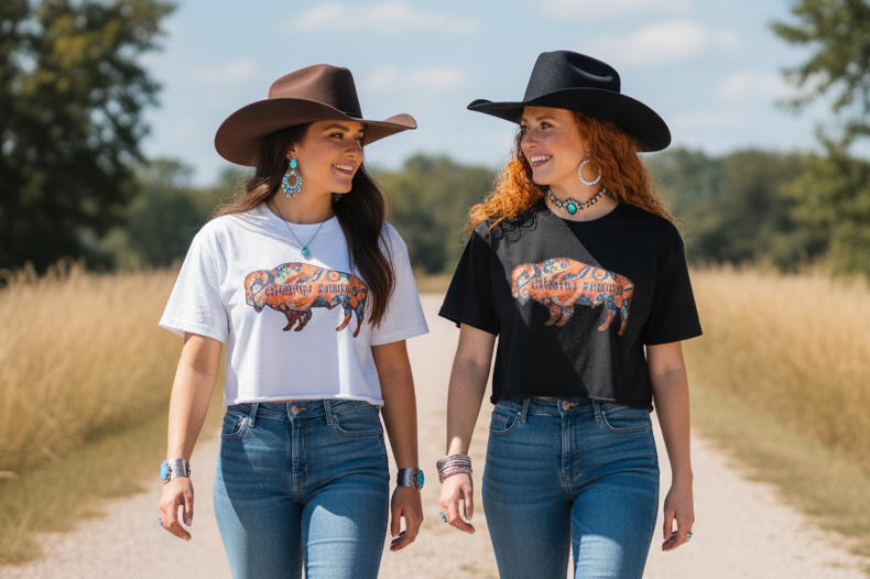 Two women in cowboy hats and graphic buffalo tees, turquoise jewelry, walking on a country path.