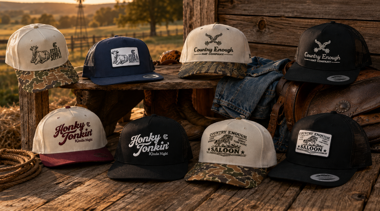 Country Enough Hat Company baseball cap with a turkey logo and camo brim on a rustic porch.