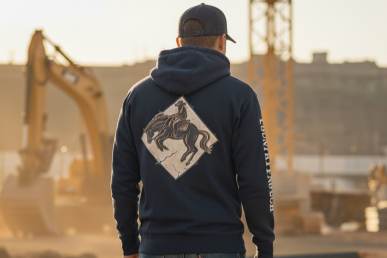 Man in a navy hoodie with a rodeo cowboy and horse graphic, facing a construction site at sunset.