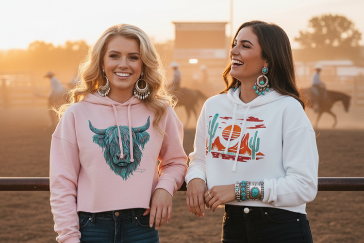 Two smiling women in western-themed hoodies: pink with a bull, white with a desert sunset.