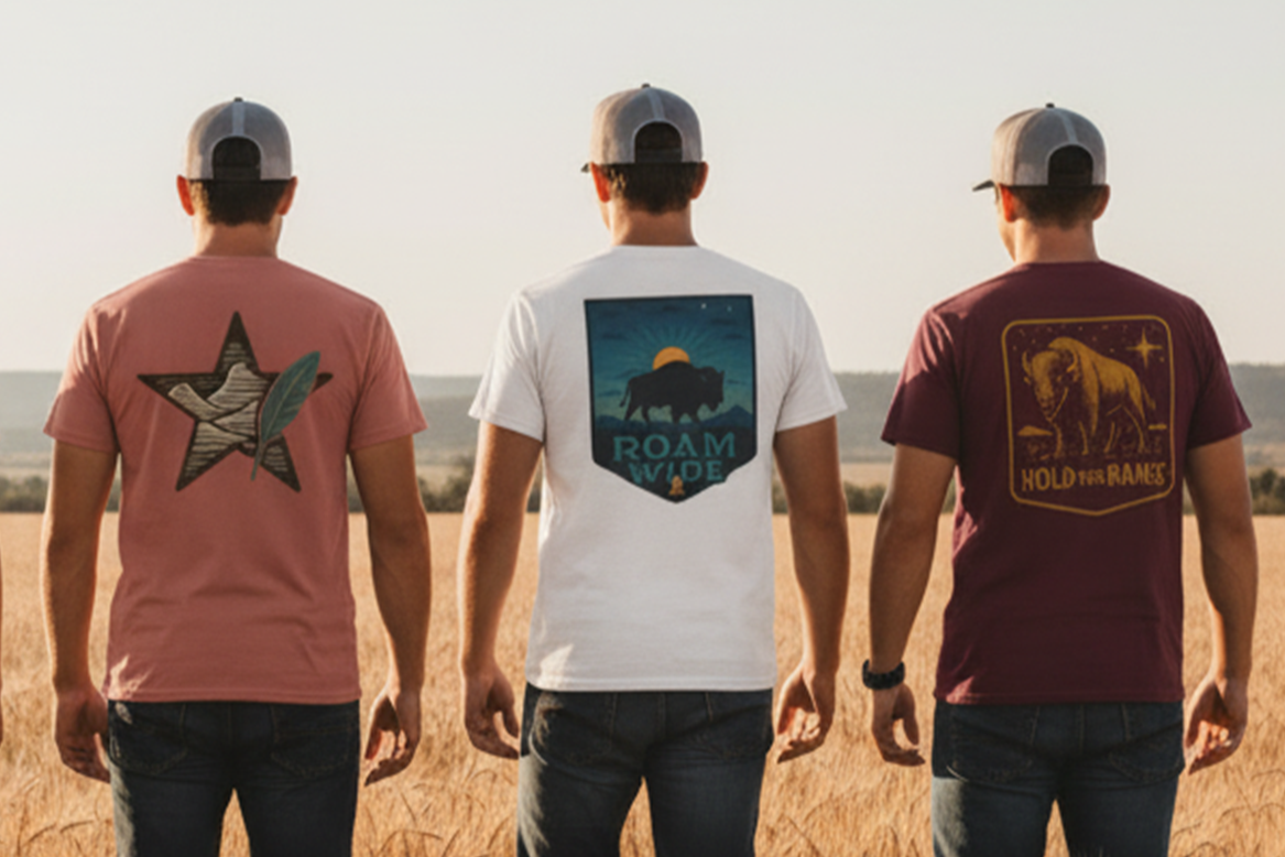 Three men in baseball caps, facing away, showcasing graphic t-shirts with outdoor, nature-inspired designs.
