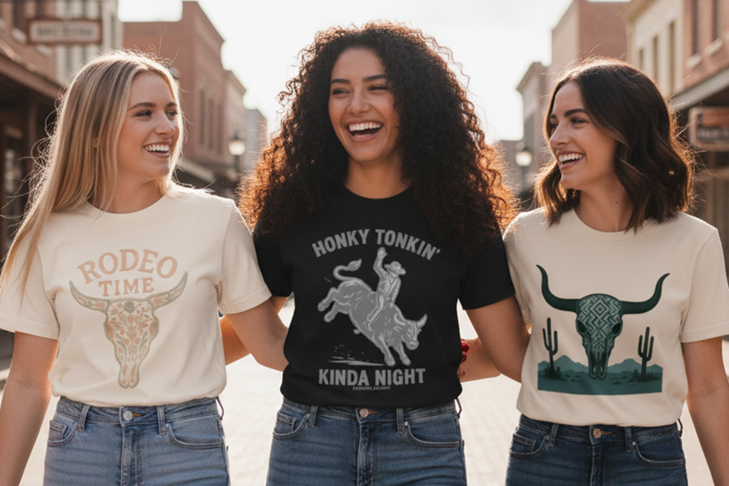 Three smiling women in casual western graphic tees with skull and rodeo designs.