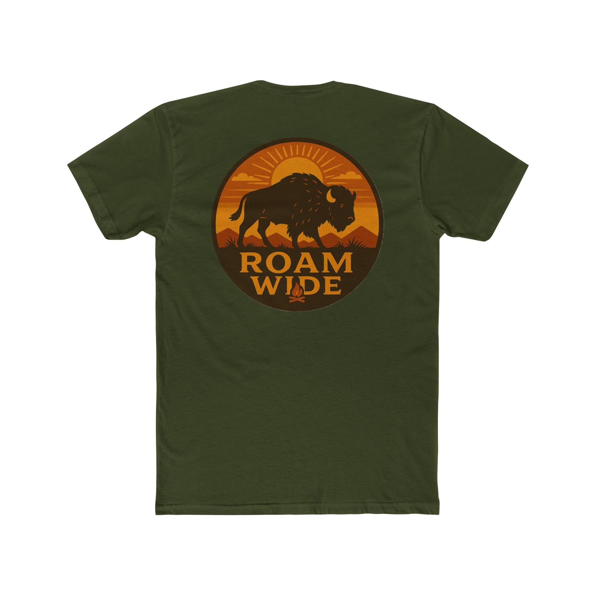 Military Green t-shirt with circular graphic with a bison, mountains, campfire, sun shining, and the words roam wide #militarygreen