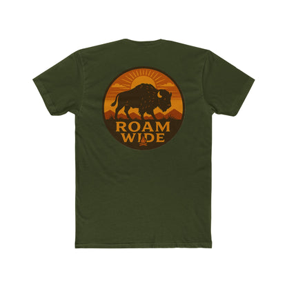 Military Green t-shirt with circular graphic with a bison, mountains, campfire, sun shining, and the words roam wide #militarygreen