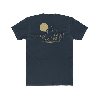 Indigo t-shirt featuring mountains, cactus, horse and rider, and a full moon. #indigo