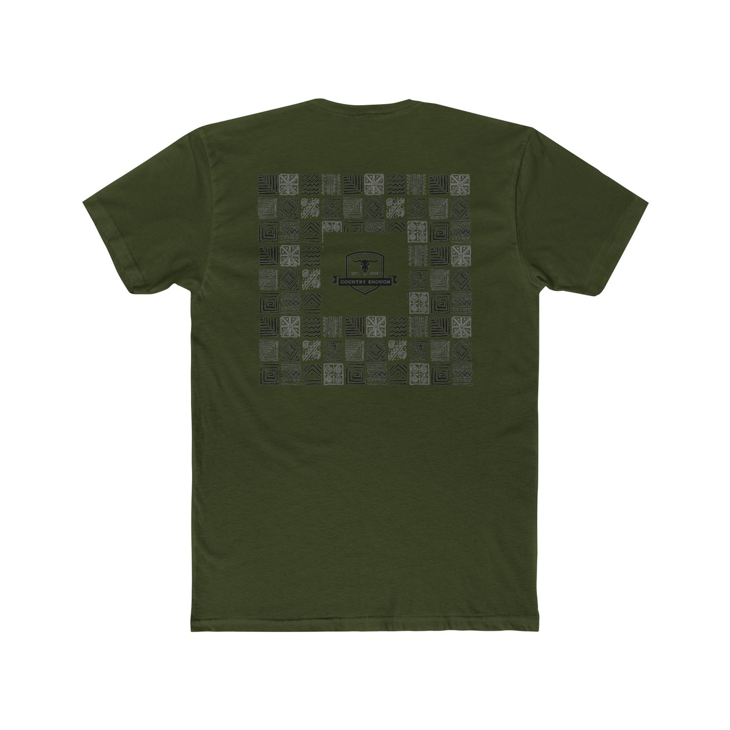Military Green t-shirt with graphic of aztec patterns arranged in a square with country enough logo in the center #militarygreen