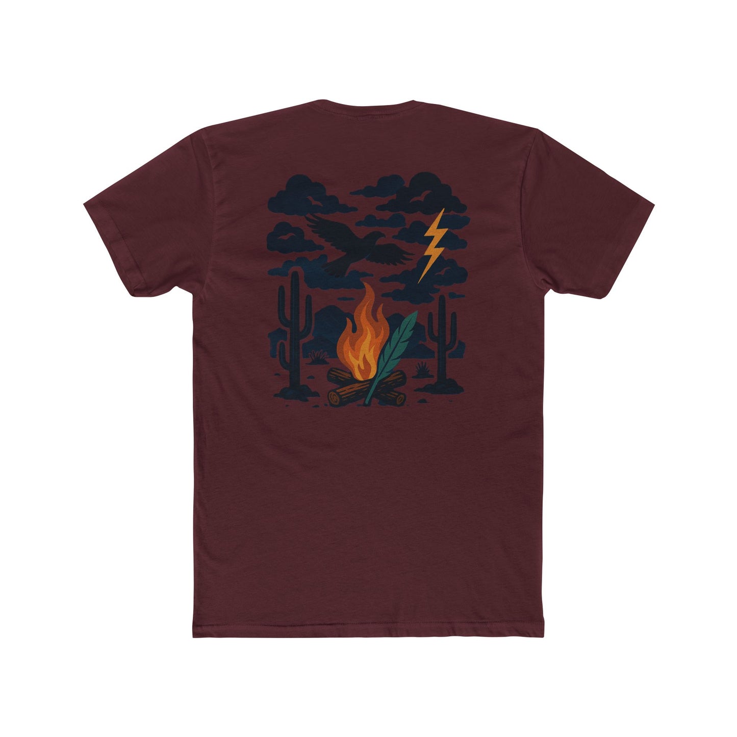 Maroon t-shirt with graphic of clouds, lightning, bird, a campfire, cacti in a desert landscape #maroon