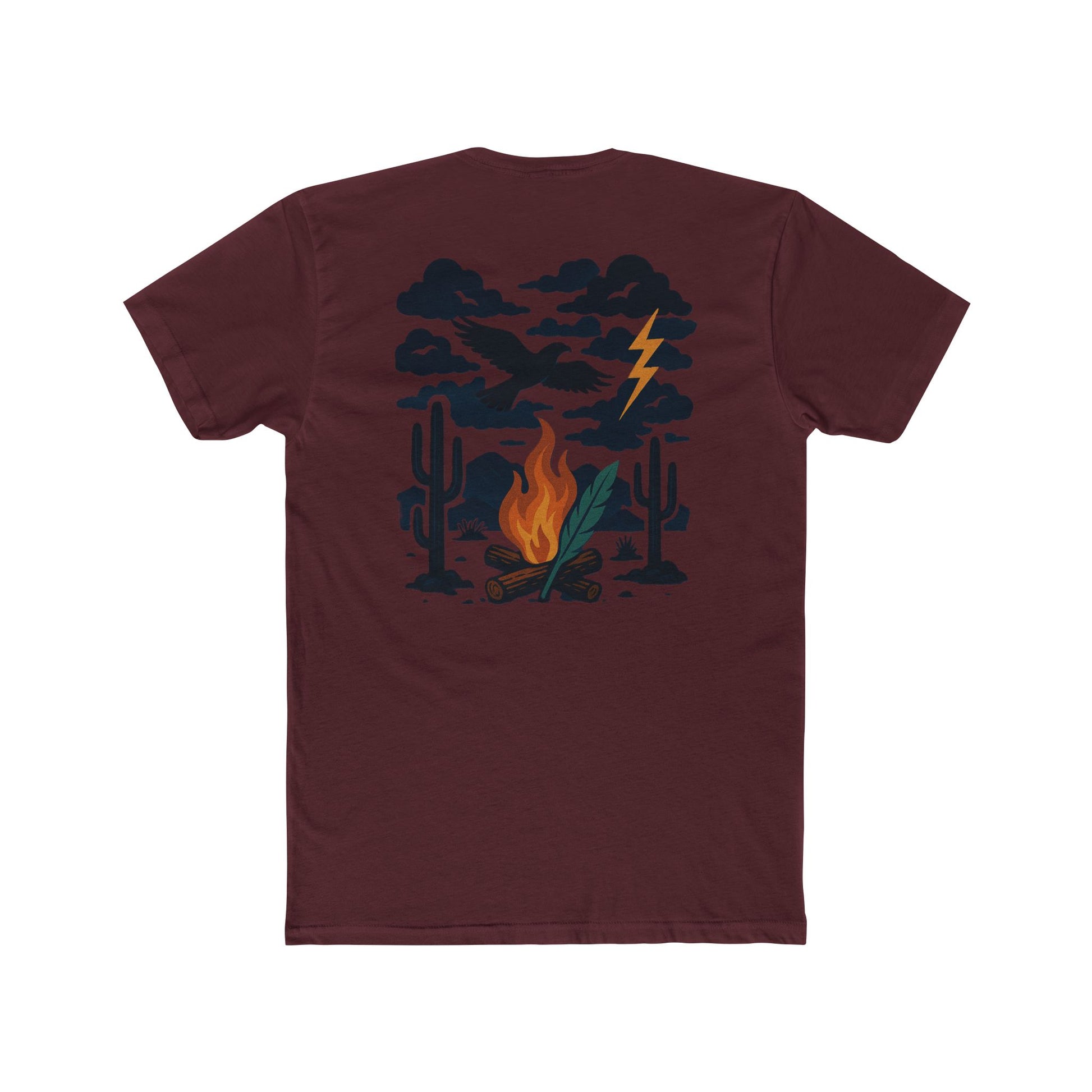 Maroon t-shirt with graphic of clouds, lightning, bird, a campfire, cacti in a desert landscape #maroon