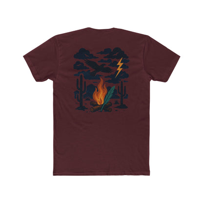 Maroon t-shirt with graphic of clouds, lightning, bird, a campfire, cacti in a desert landscape #maroon