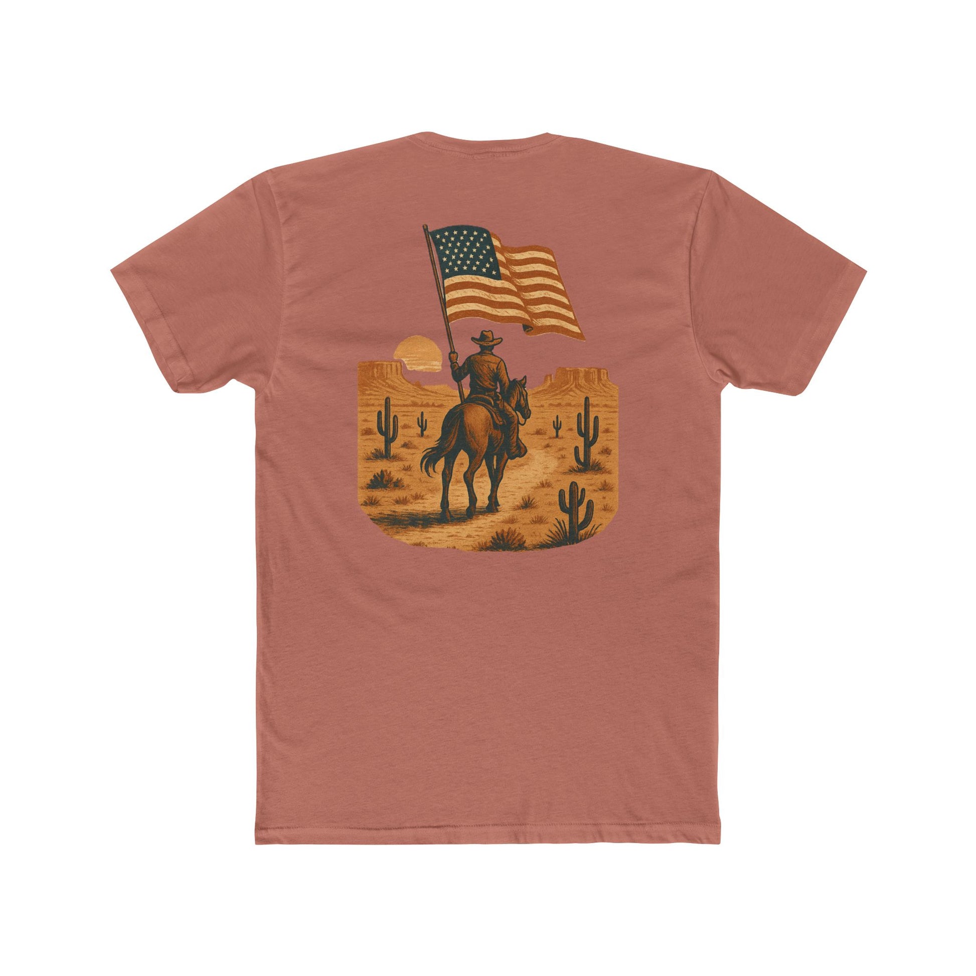 Desert Pink t-shirt with graphic of western horse and rider holding the American flag in the desert with cacti at sunset #desertpink