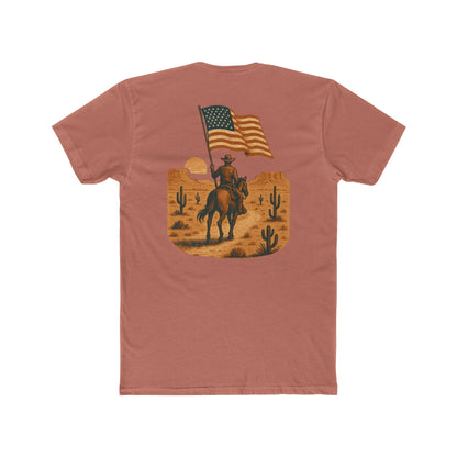 Desert Pink t-shirt with graphic of western horse and rider holding the American flag in the desert with cacti at sunset #desertpink