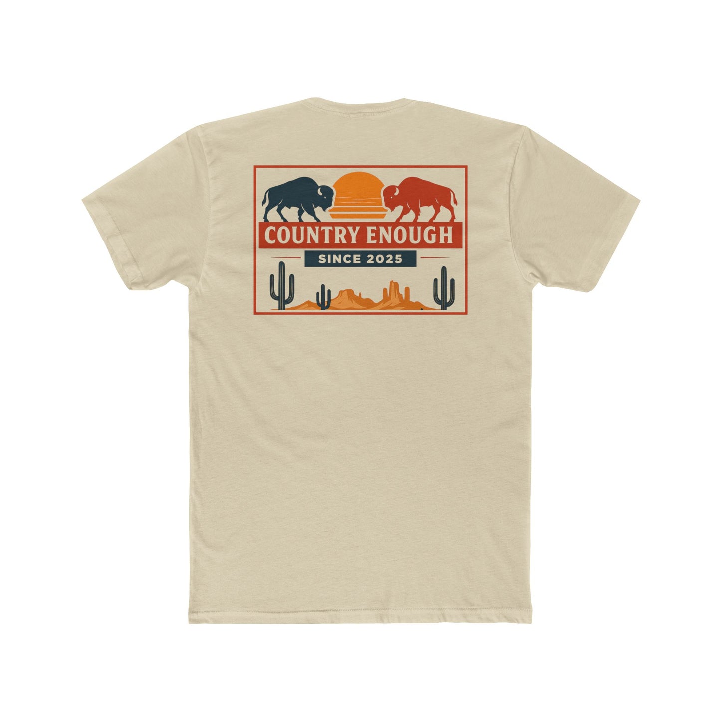 Cream t-shirt with graphic of mirrored bison in red and blue, sun, desert landscape, cacti, and the words country enough since 2025 #cream
