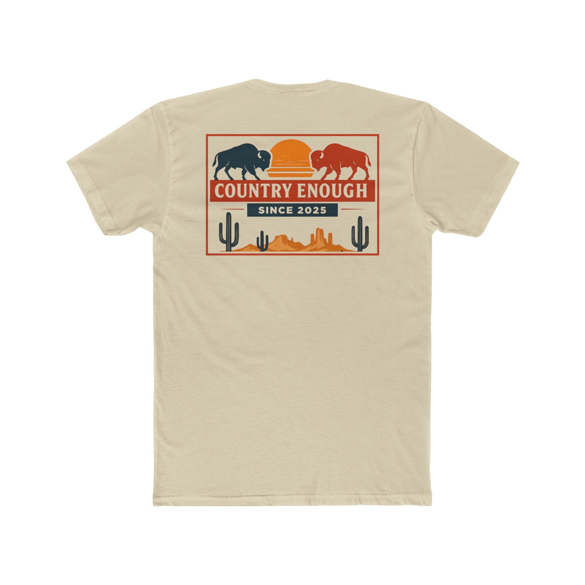 Cream t-shirt with graphic of mirrored bison in red and blue, sun, desert landscape, cacti, and the words country enough since 2025 #cream