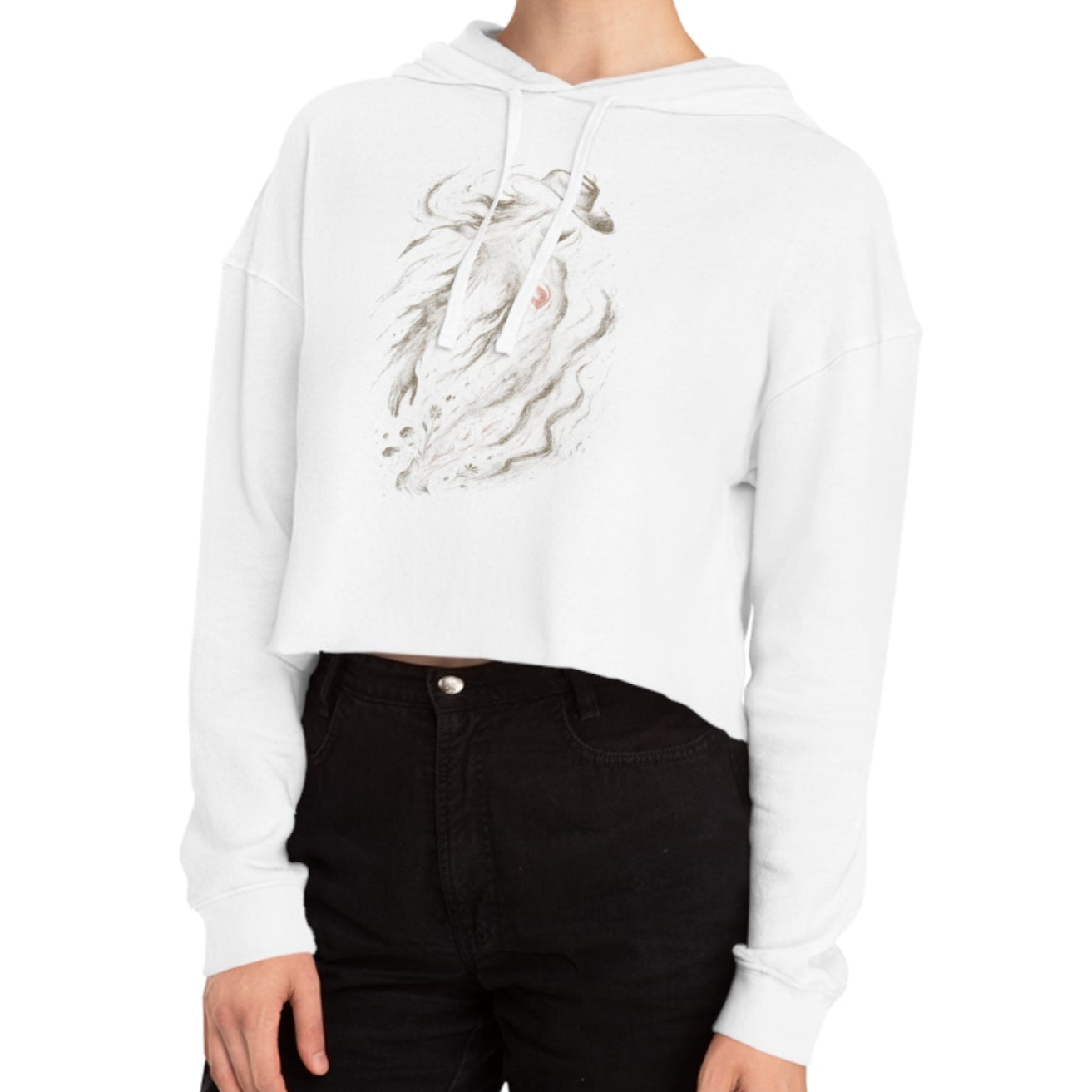 White crop hoodie with a cowgirl with a red heart graphic #white