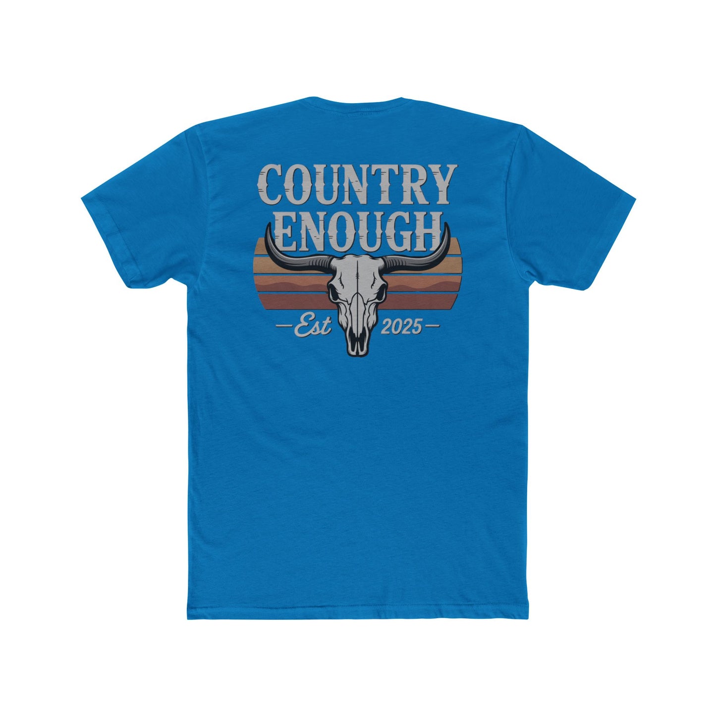 Turquoise t-shirt with vintage retro graphic of a bull skull and words country enough EST 2025 #turquoise