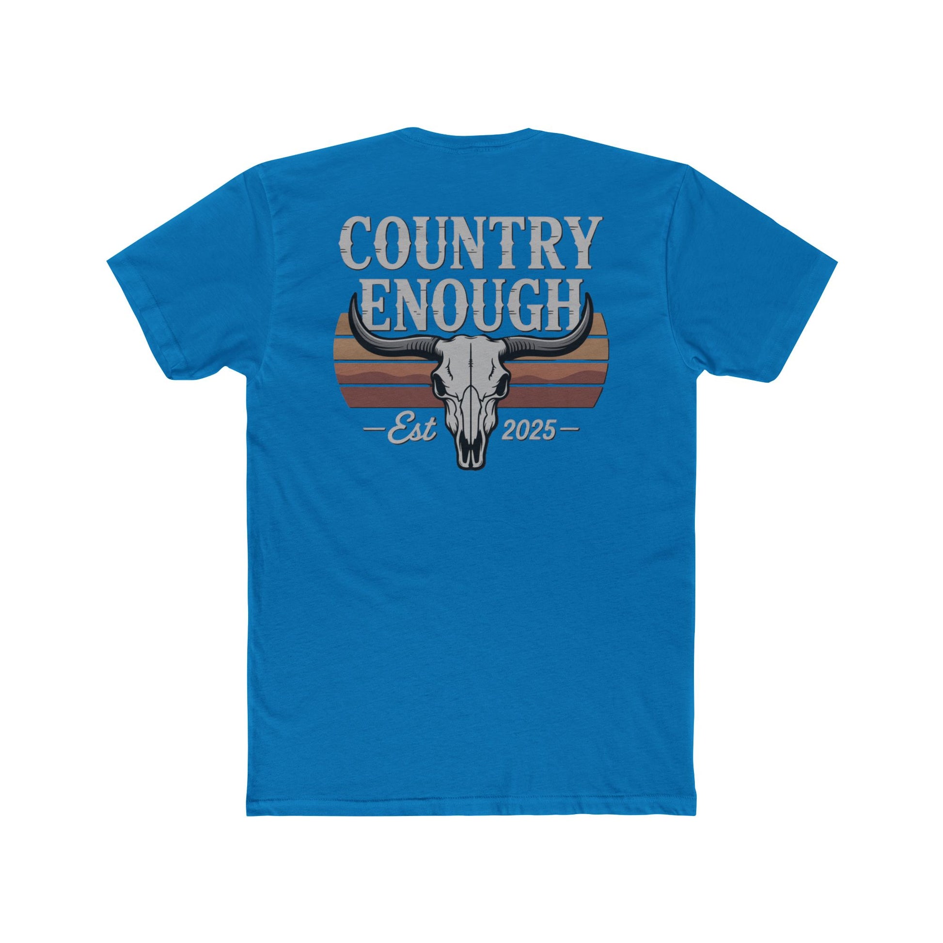 Turquoise t-shirt with vintage retro graphic of a bull skull and words country enough EST 2025 #turquoise