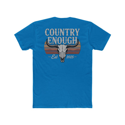 Turquoise t-shirt with vintage retro graphic of a bull skull and words country enough EST 2025 #turquoise