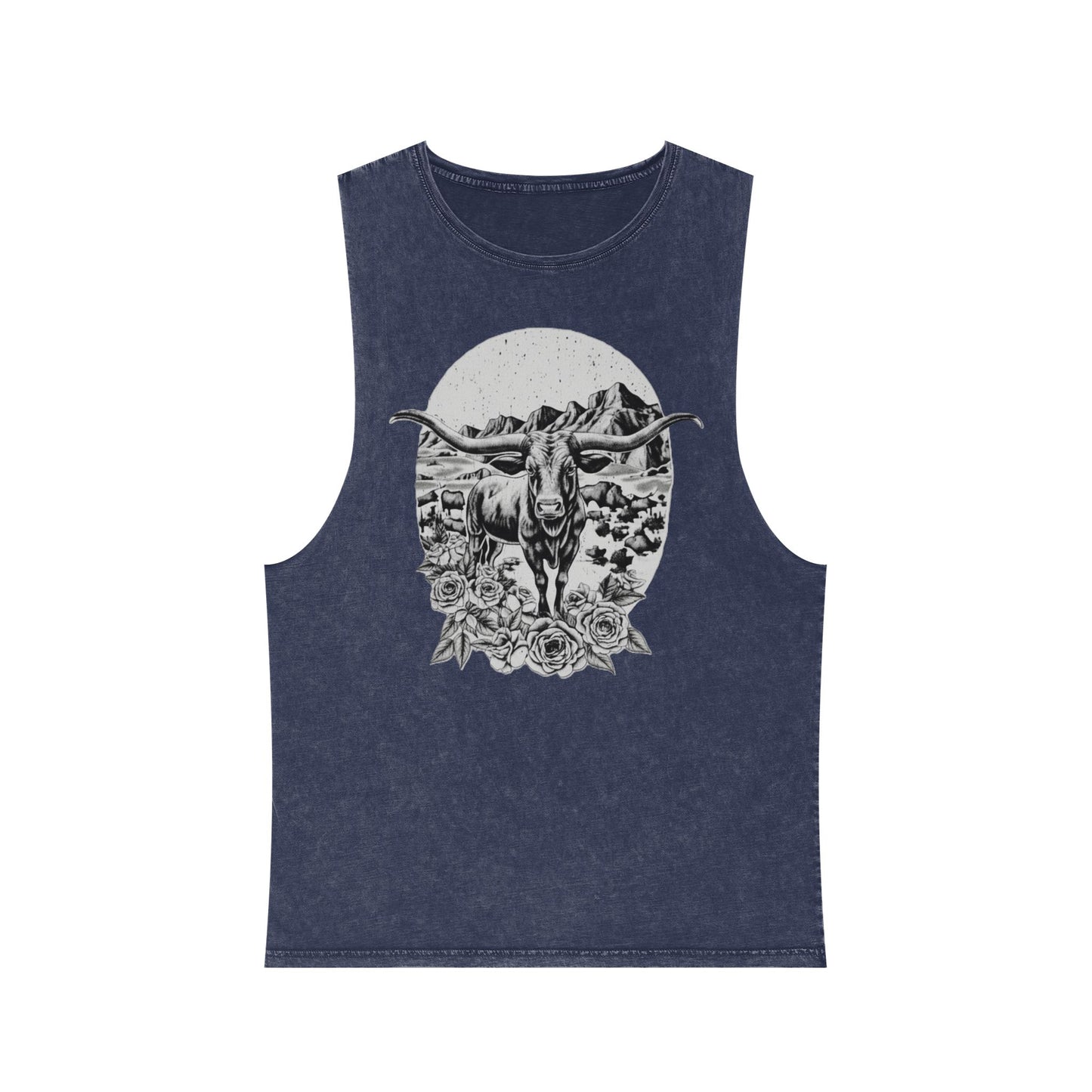 Blue Stone distressed wash tank top with a longhorn, desert mountains, and roses graphic #bluestone