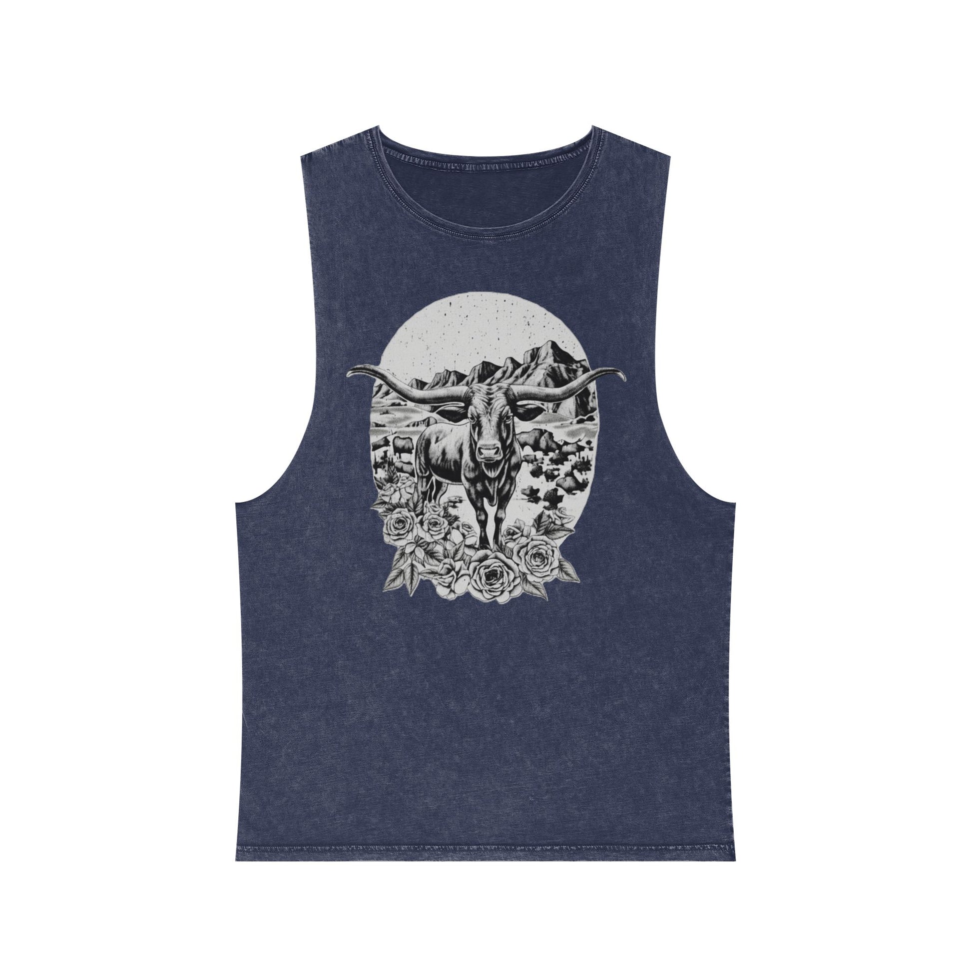 Blue Stone distressed wash tank top with a longhorn, desert mountains, and roses graphic #bluestone