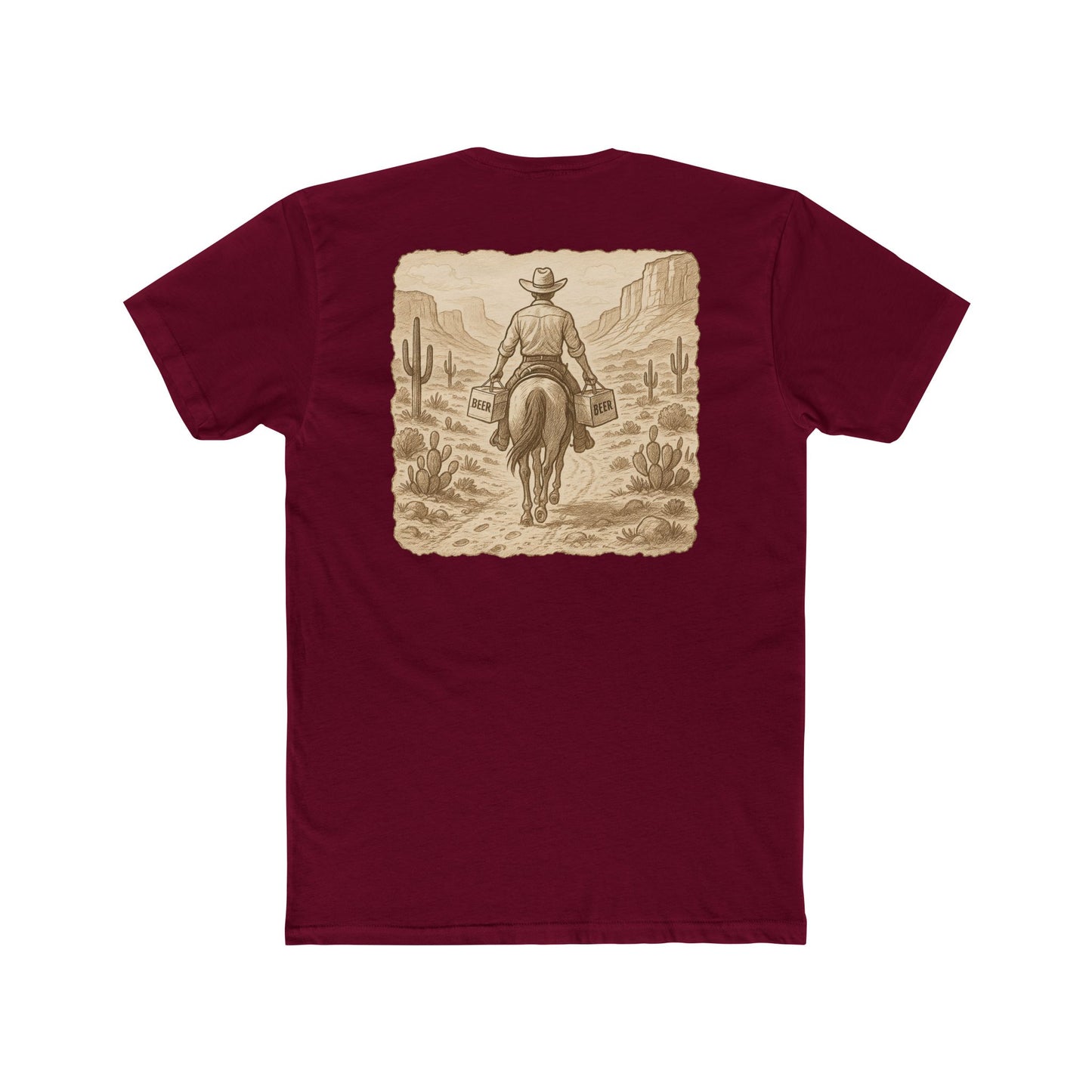 Cardinal Red t-shirt with graphic of cowboy riding a horse through the desert holding two twelve packs of beer #cardinalred