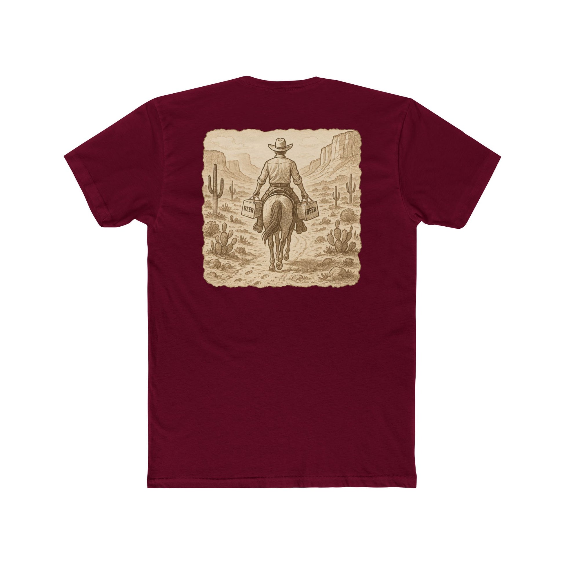 Cardinal Red t-shirt with graphic of cowboy riding a horse through the desert holding two twelve packs of beer #cardinalred