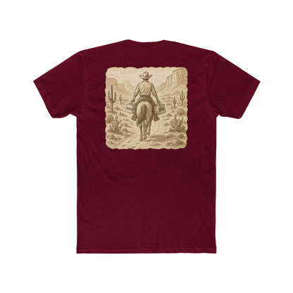 Cardinal Red t-shirt with graphic of cowboy riding a horse through the desert holding two twelve packs of beer #cardinalred