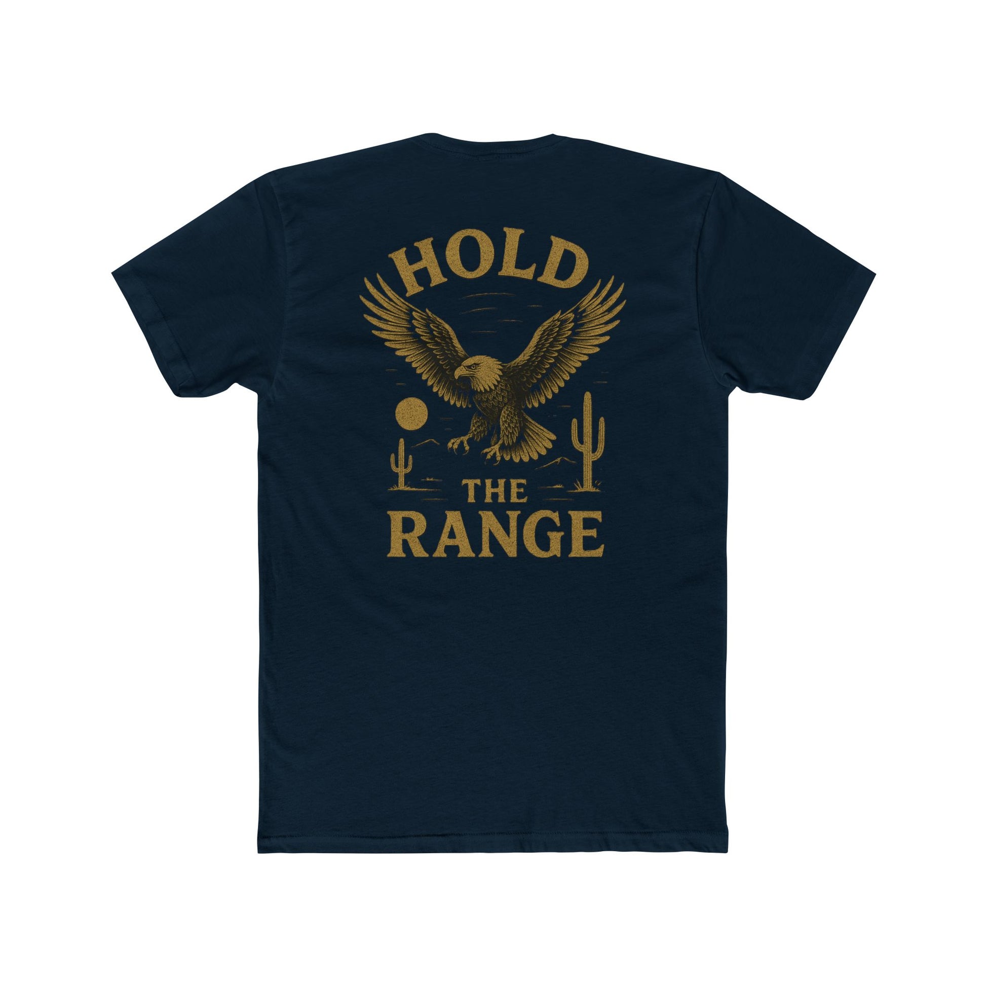 Midnight Navy t-shirt with graphic of an eagle, desert landscape, and the words hold the range #midnightnavy