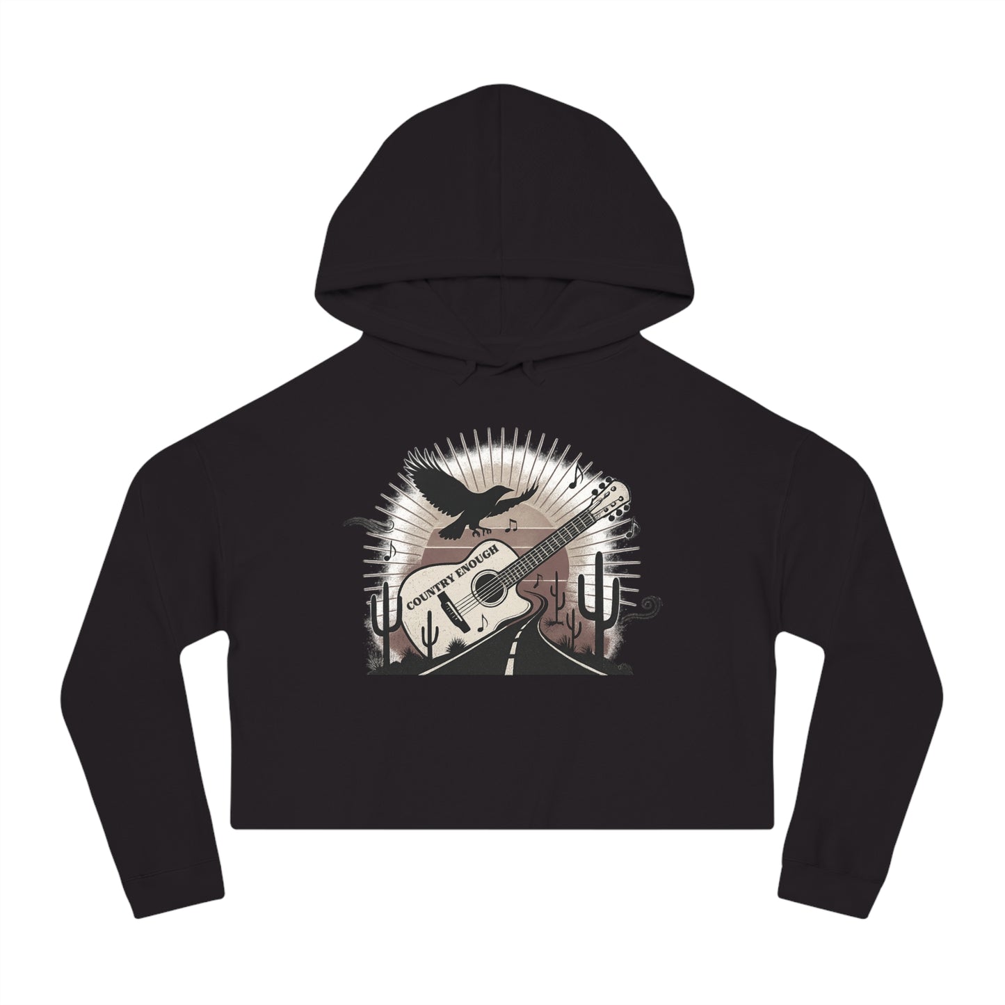 Black crop hoodie with a graphic of a guitar, a soaring desert bird, cactus silhouettes, and a sunset over a winding road #black