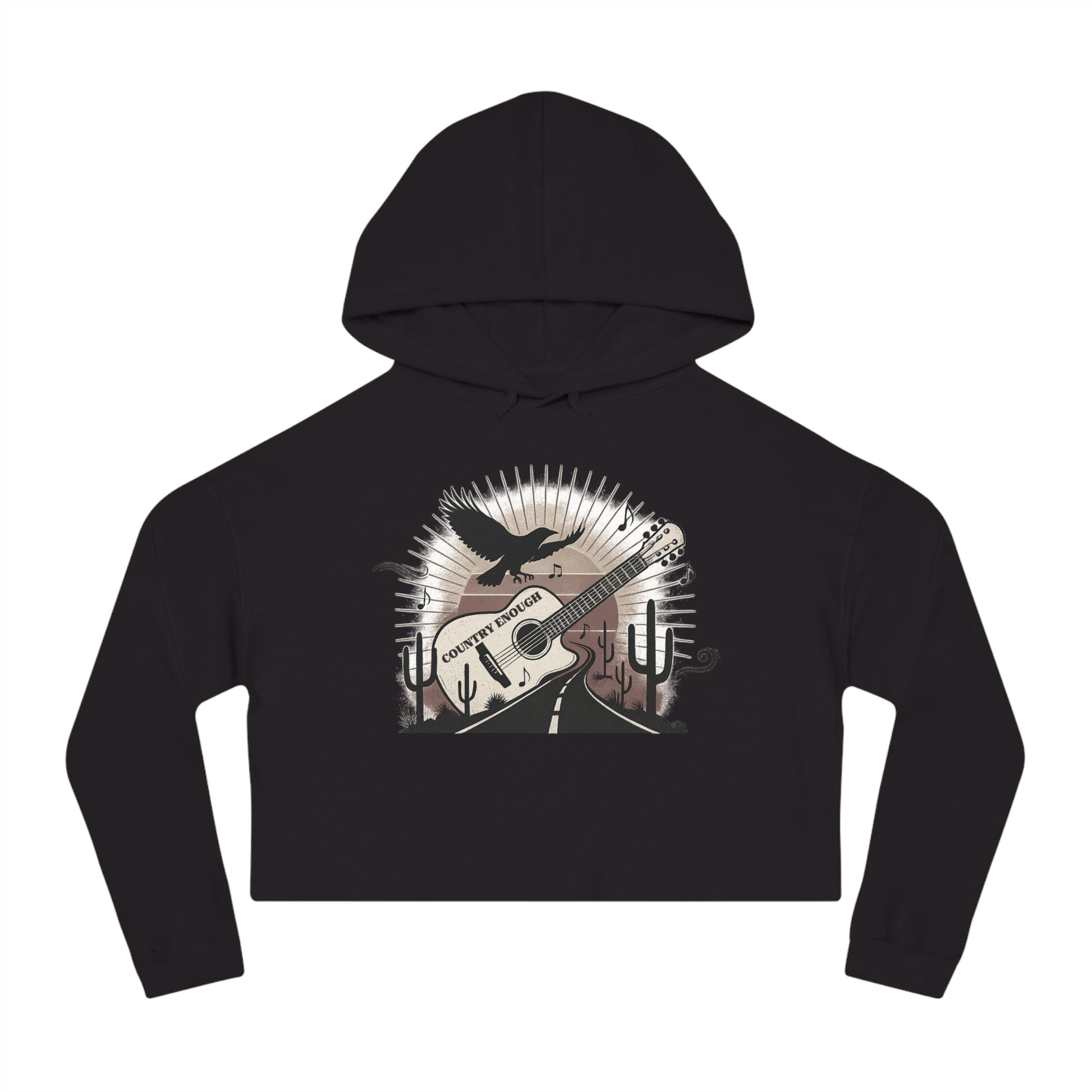Black crop hoodie with a graphic of a guitar, a soaring desert bird, cactus silhouettes, and a sunset over a winding road #black