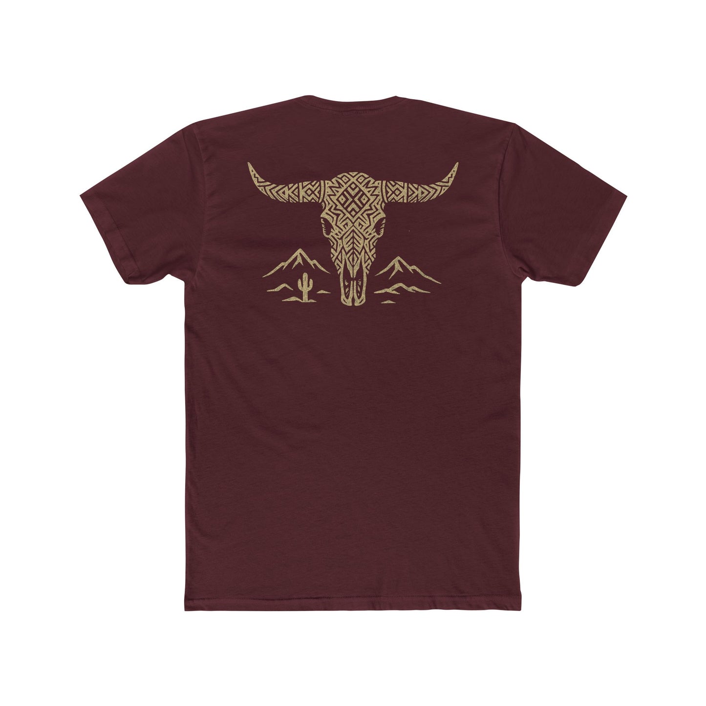 Maroon t-shirt with graphic of a aztec pattern in the shape of a bull skull, mountains, and a lone cactus #maroon