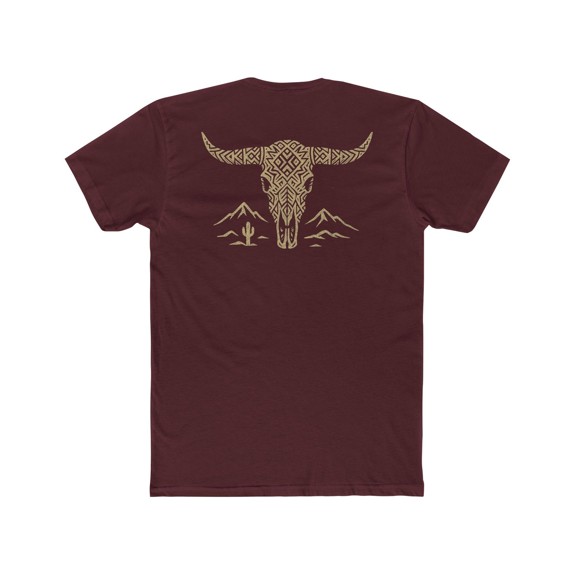 Maroon t-shirt with graphic of a aztec pattern in the shape of a bull skull, mountains, and a lone cactus #maroon