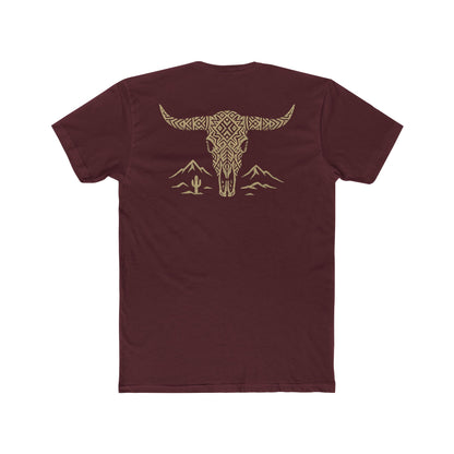 Maroon t-shirt with graphic of a aztec pattern in the shape of a bull skull, mountains, and a lone cactus #maroon