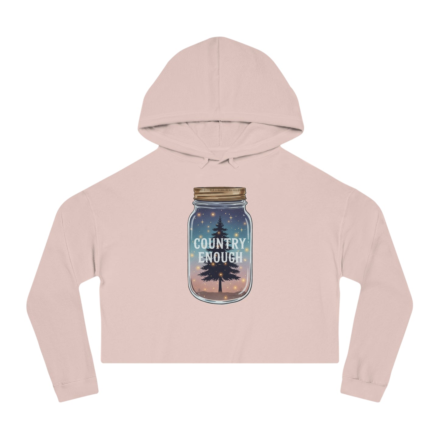 Pale pink crop hoodie with mason jar, pine trees, and stars graphic #palepink
