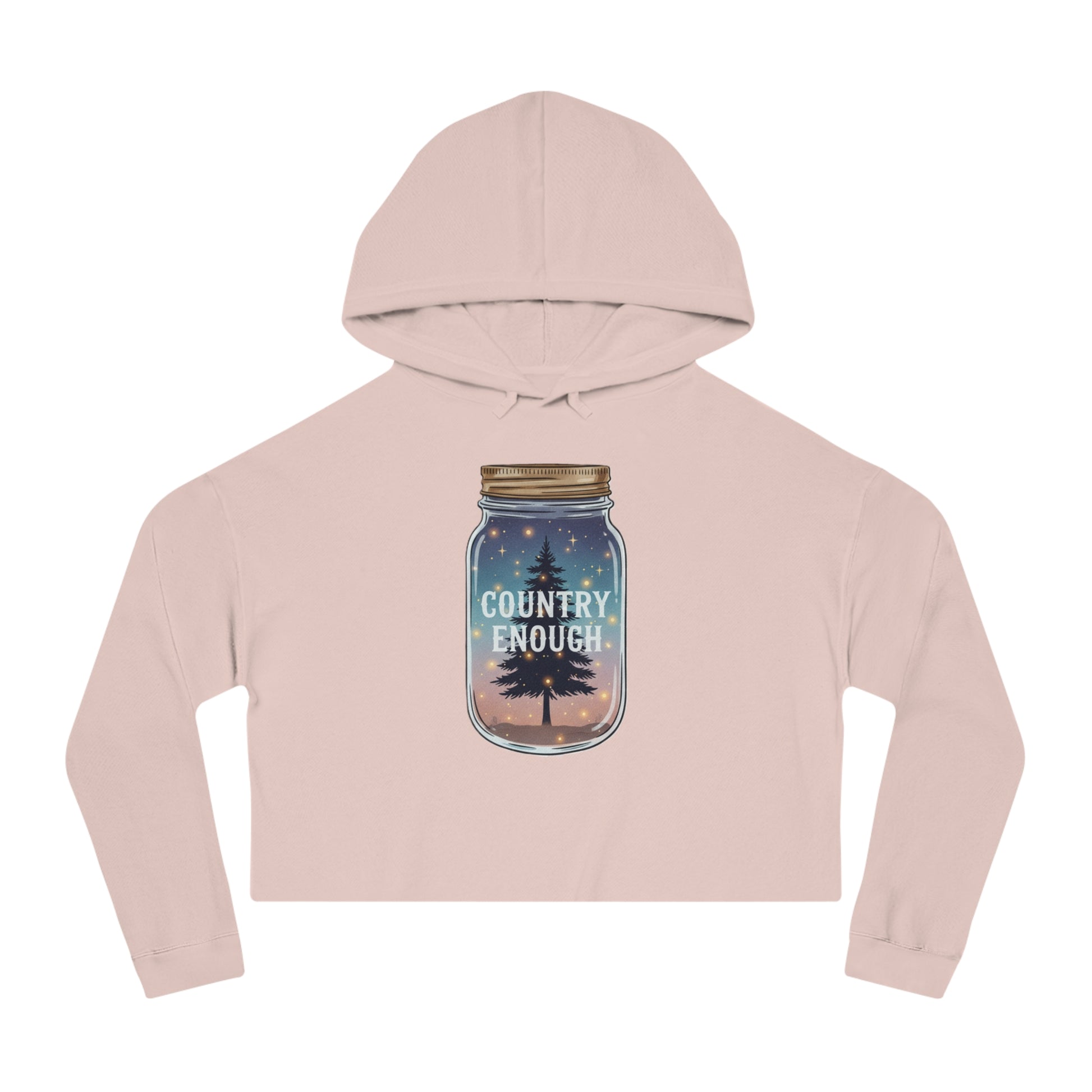 Pale pink crop hoodie with mason jar, pine trees, and stars graphic #palepink