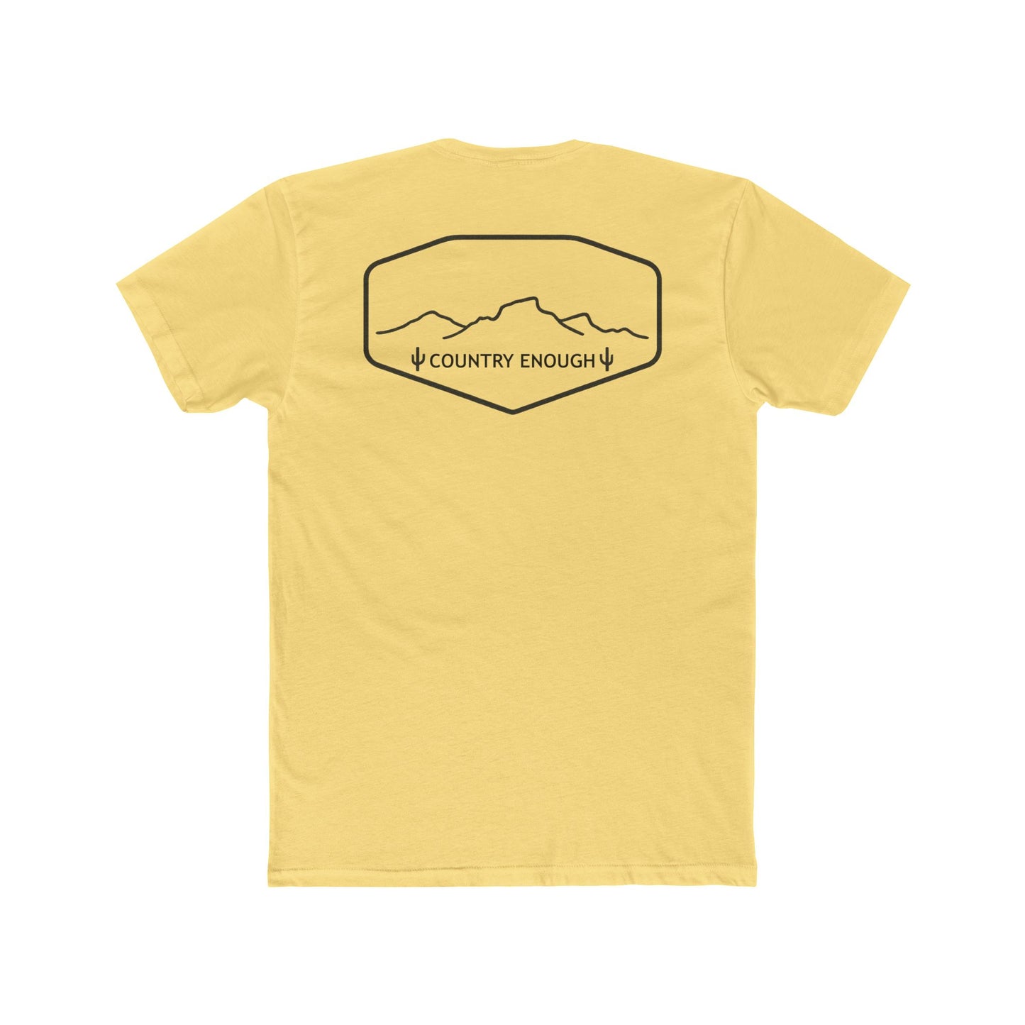 Yellow t-shirt with graphic of a line mountain drawing, cacti and the words Country Enough #yellow