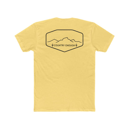 Yellow t-shirt with graphic of a line mountain drawing, cacti and the words Country Enough #yellow
