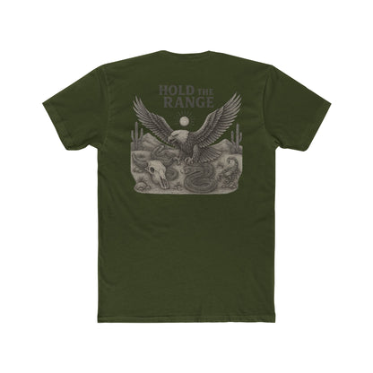 Military Green T-Shirt with graphic of desert landscape, eagle, bull skull, cacti, scorpion, sun, and words hold the range #militarygreen