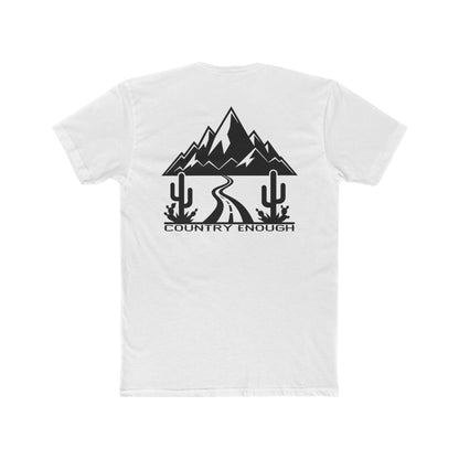 White t-shirt with mountain peaks, an open road, and desert cacti graphic #white