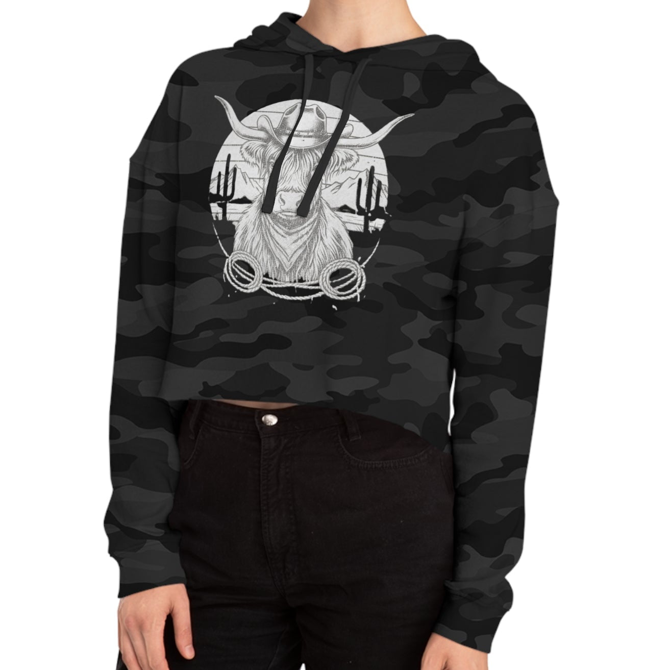 Black Camo hoodie with white highland cow and desert landscape graphic design on a white background #Blackcamo