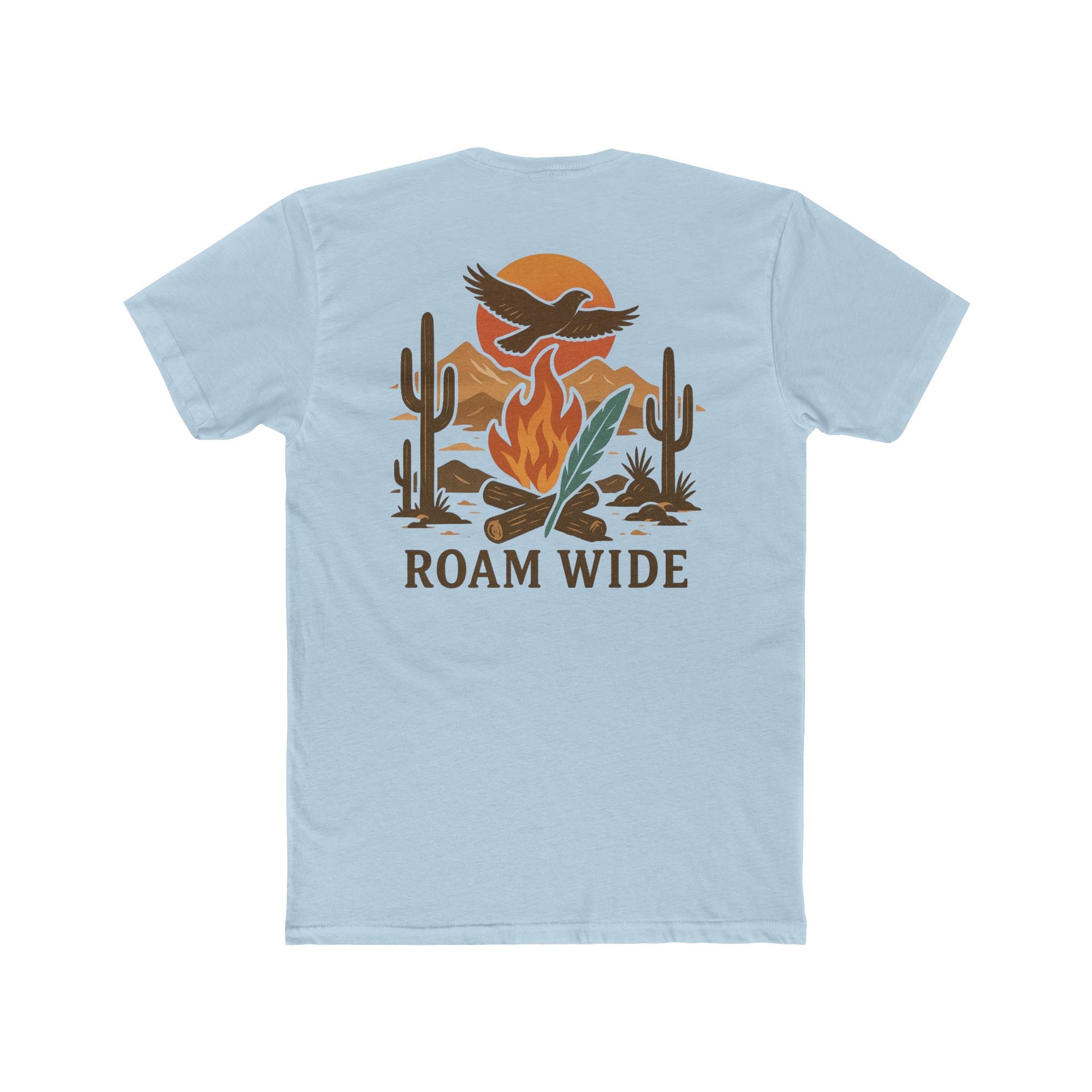 Light Blue t-shirt with graphic of a campfire, bird, sun, cacti, and mountains in the desert with the words roam wide #lightblue